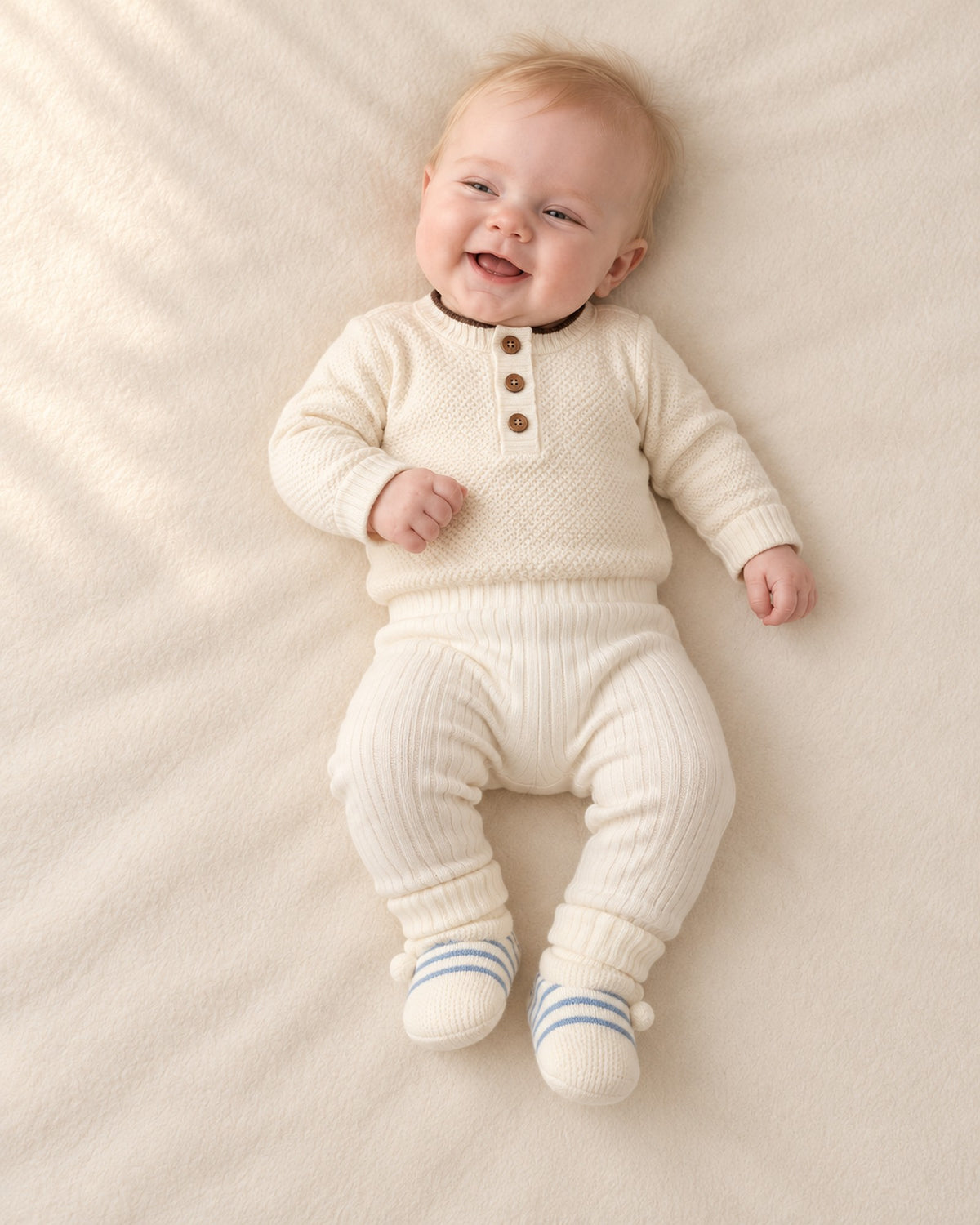 Front view of a baby in a cream knit bodysuit, ribbed leggings and cream knit booties, full length – Blue Stripe