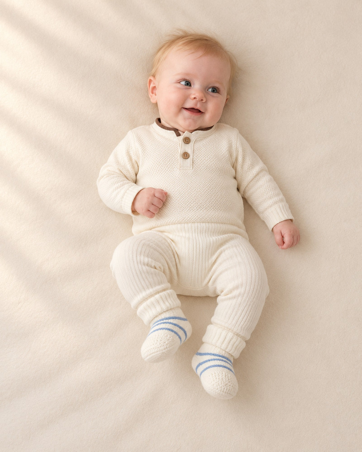 Baby lying on a soft blanket in an all-cream outfit and knit booties – Blue Stripe