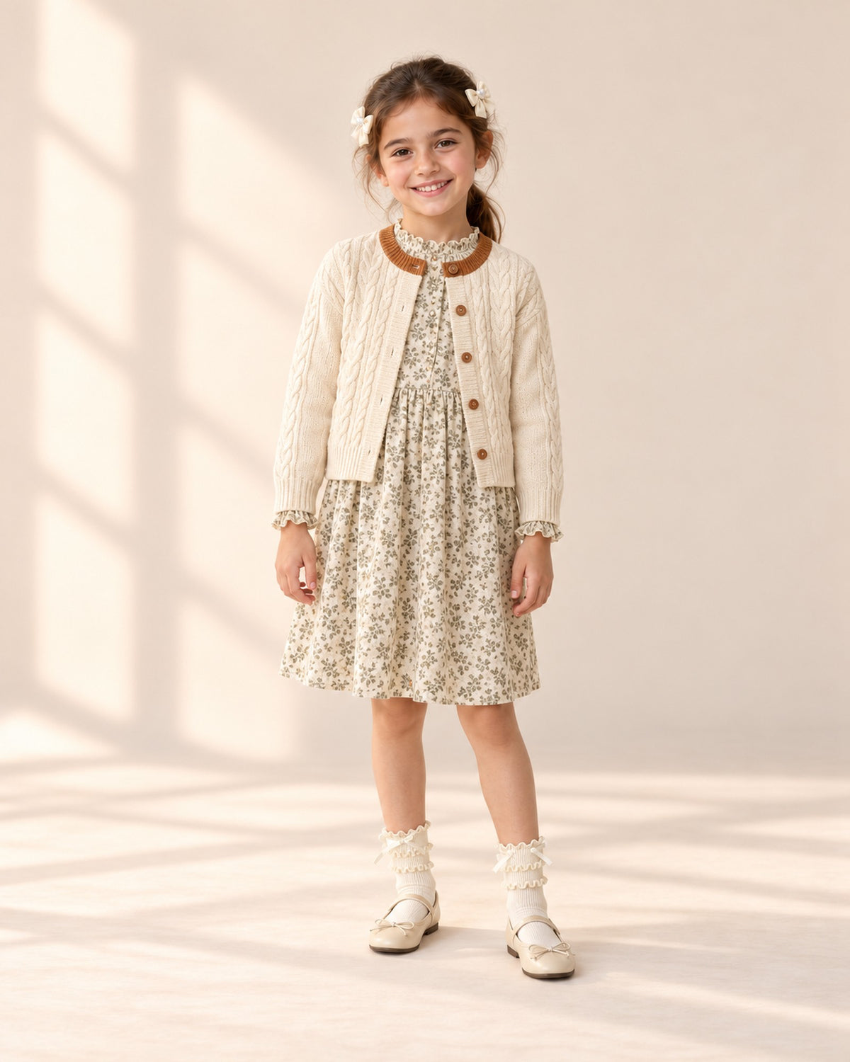 Front view of a girl in a vintage floral dress, cream cable cardigan, lace bow socks and cream flats, full length – Cream