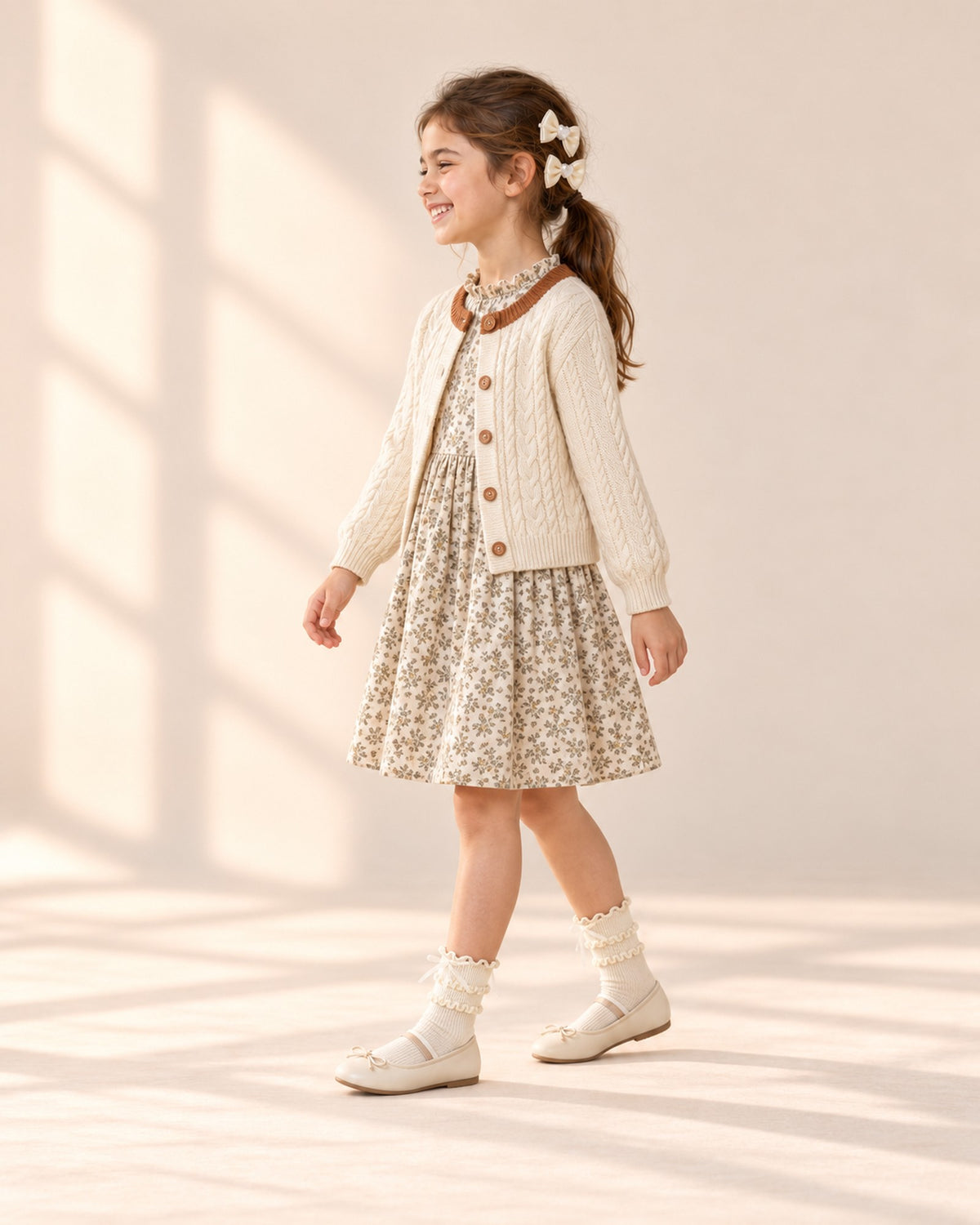 Side view showing the lace ruffle and ribbon bow on the cream socks – Cream
