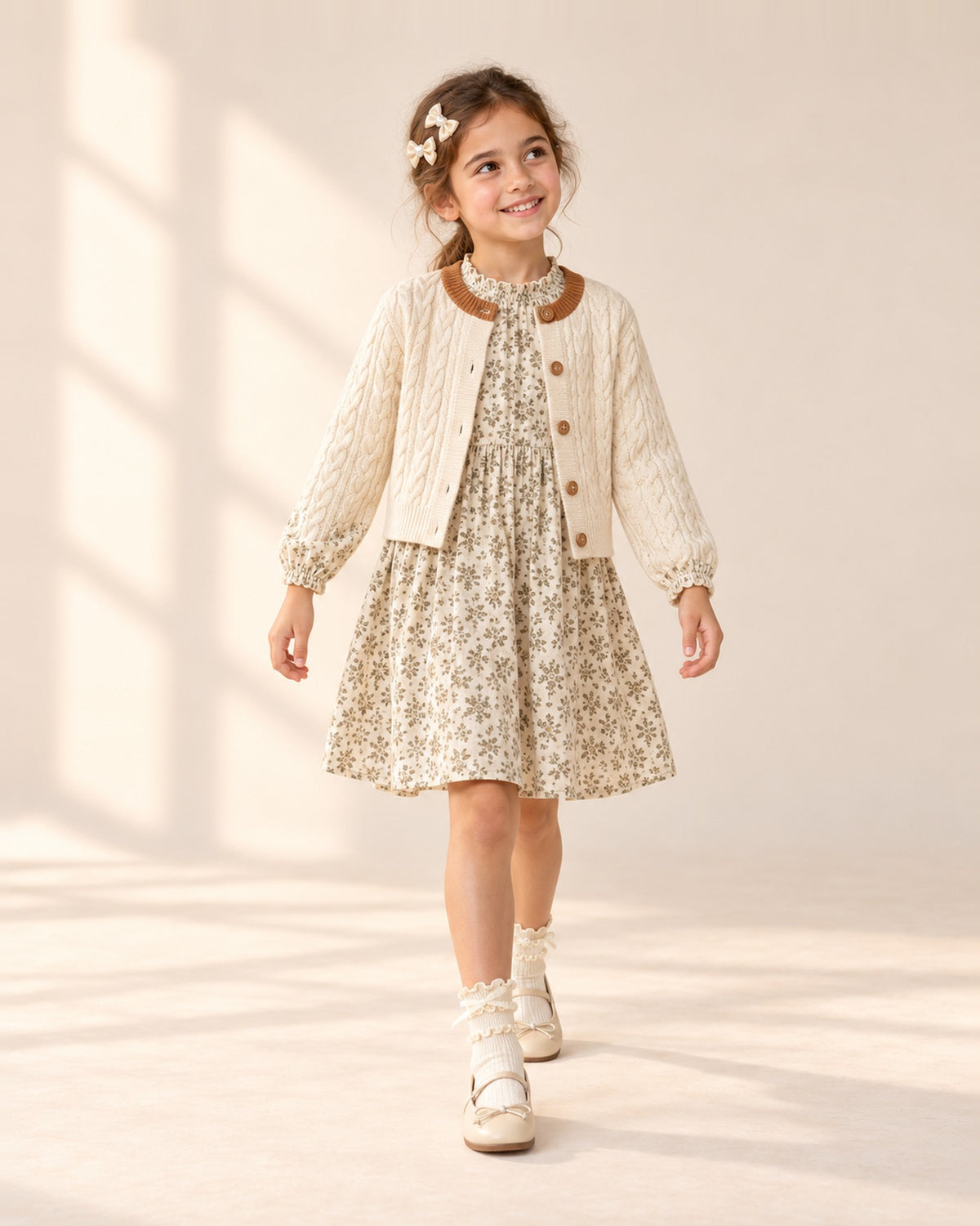 Girl in her floral dress, cable cardigan and lace ruffle socks, standing relaxed – Cream