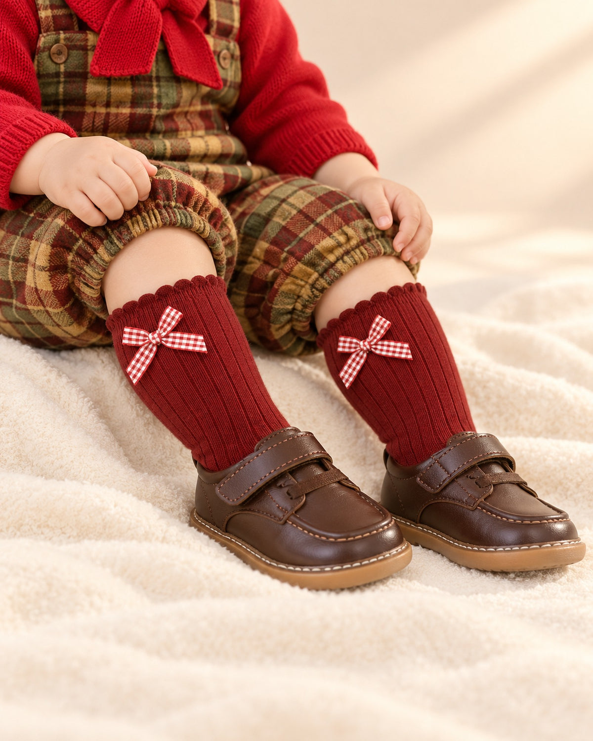 Close-up of a baby's legs in red knee-high socks with small gingham bows and brown shoes – Red