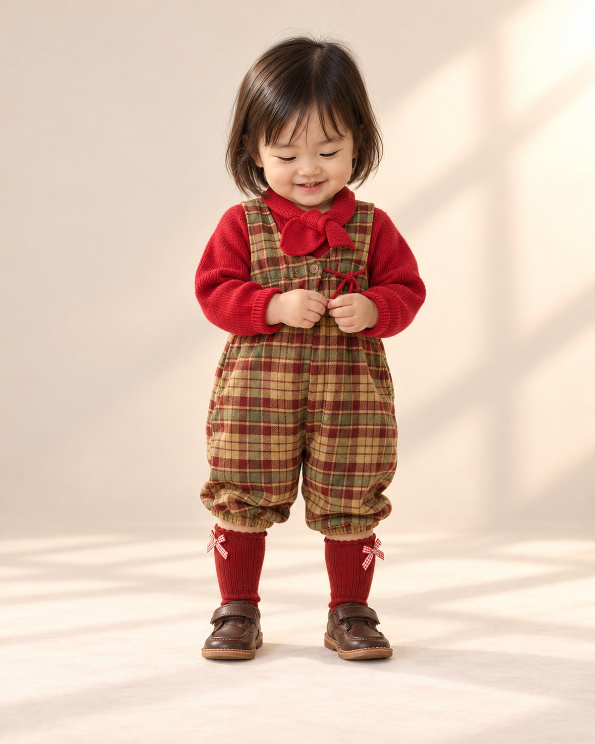 Front view of a baby in tartan overalls with a red knit top, red bow knee socks and brown shoes, full length – Red