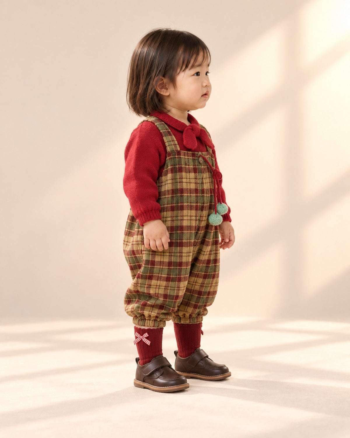 Side view showing the red rib knit and gingham bow at the cuff – Red
