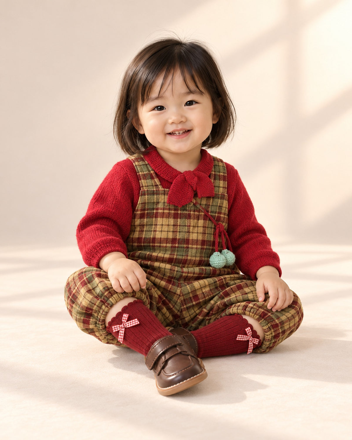 Baby sitting by the Christmas tree in tartan overalls and red bow socks – Red