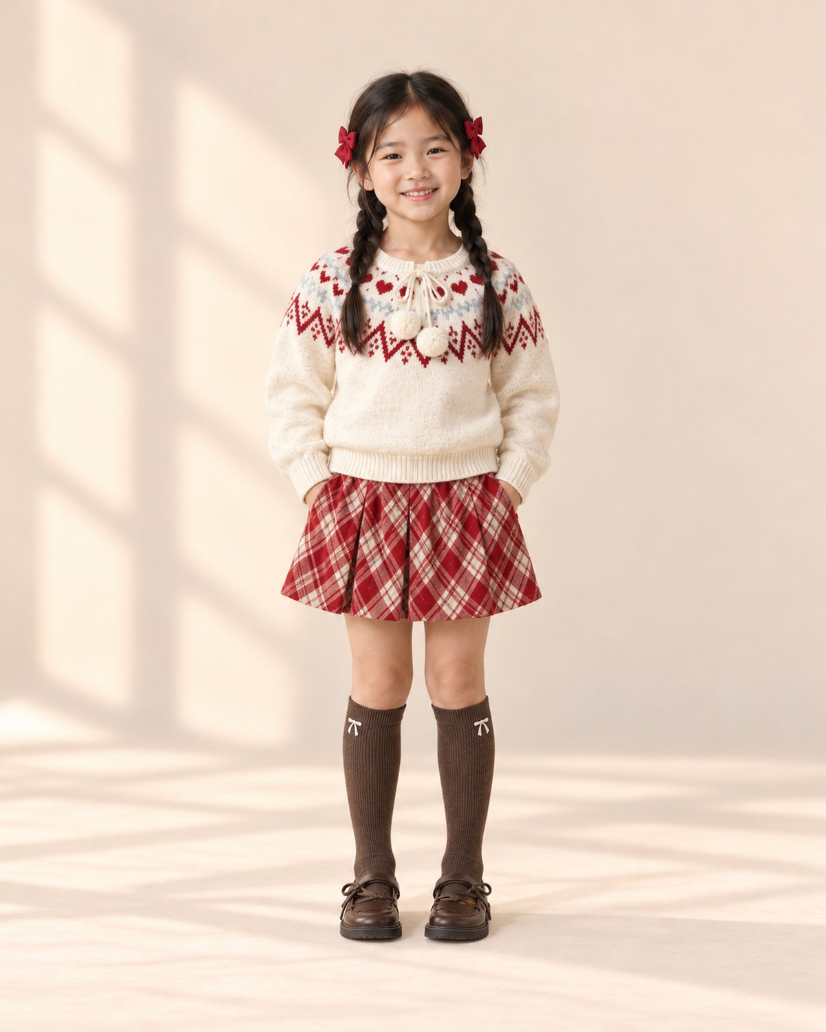 Front view of a girl in a Fair Isle sweater, plaid skirt, brown knee socks and loafers, full length – Chocolate