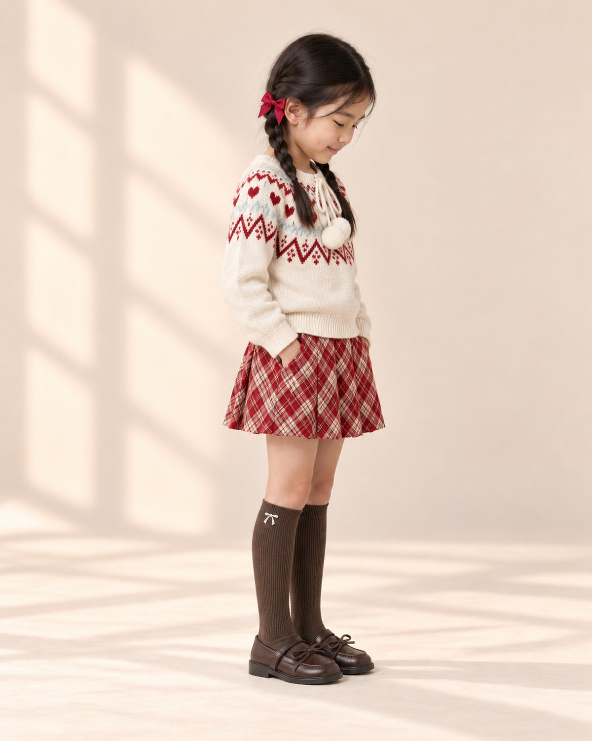 Side view of the chocolate knee socks showing the ribbing and embroidered bow – Chocolate