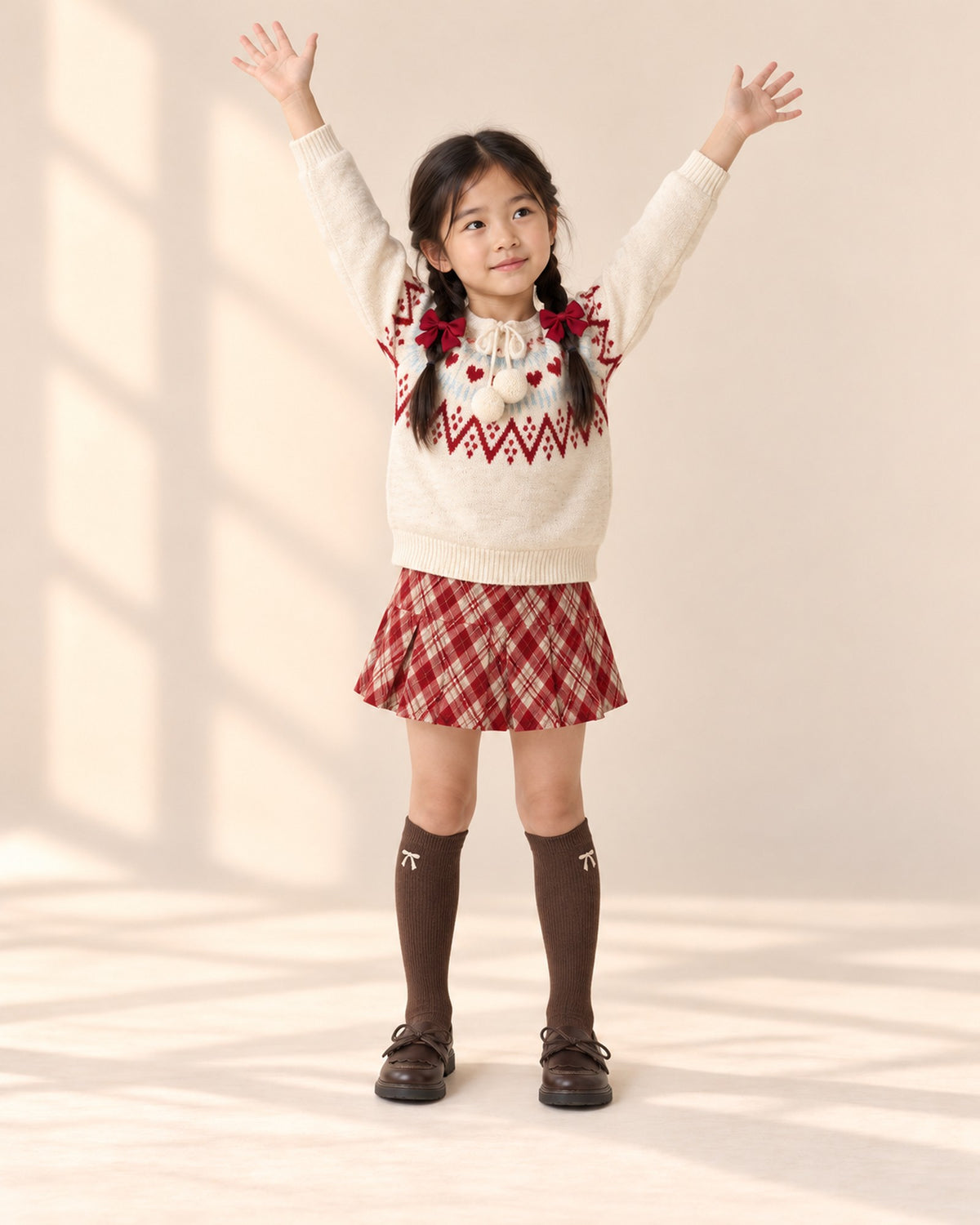 Girl in her Fair Isle Christmas outfit and brown knee socks, reading on a window seat – Chocolate