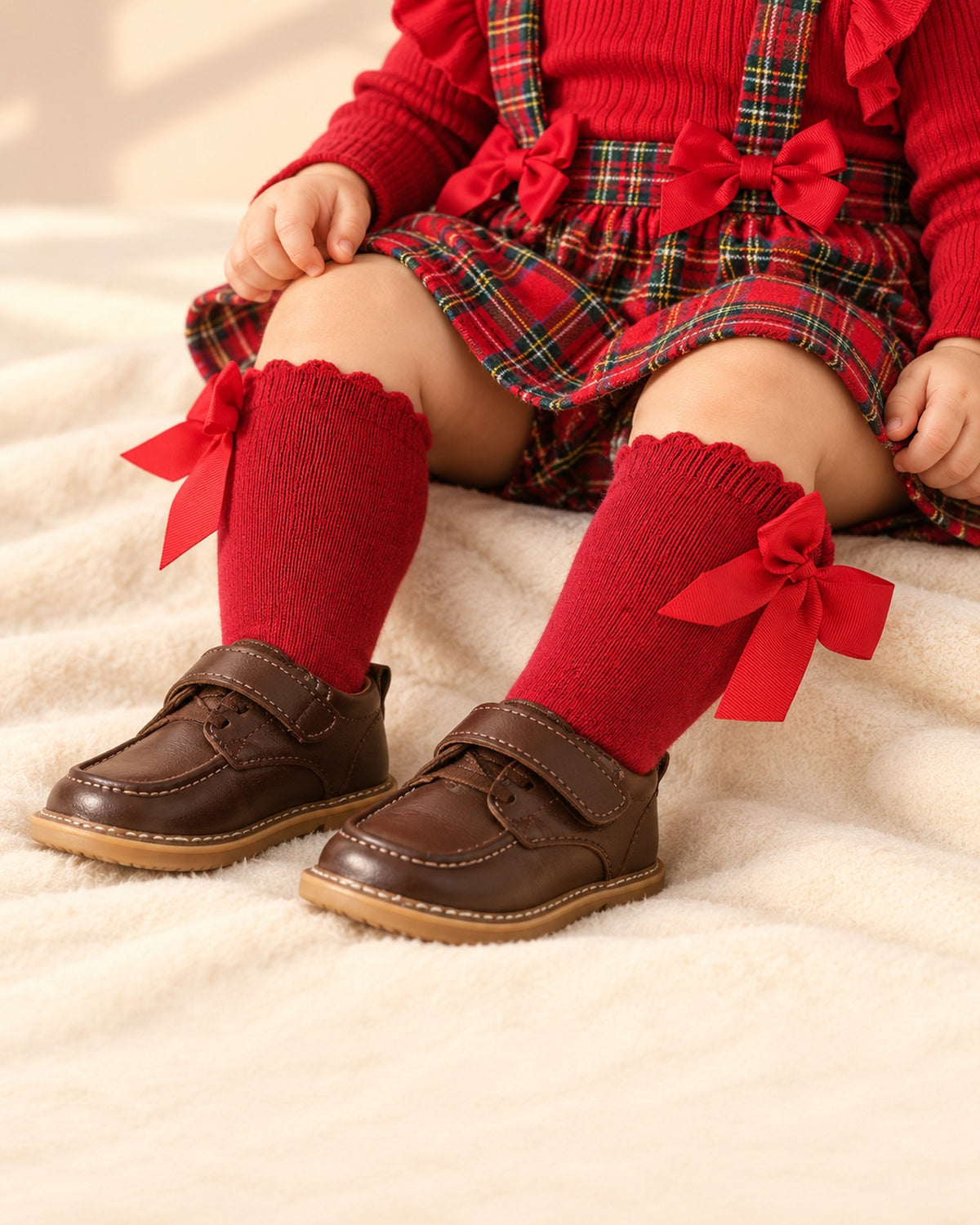 Close-up of a toddler's legs in red knee socks with big satin bows and brown shoes – Red