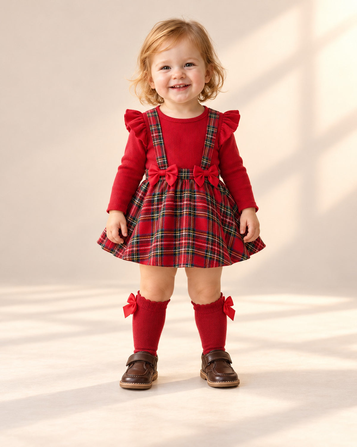 Front view of a toddler girl in a tartan bow romper dress, red bow knee socks and brown shoes, full length – Red