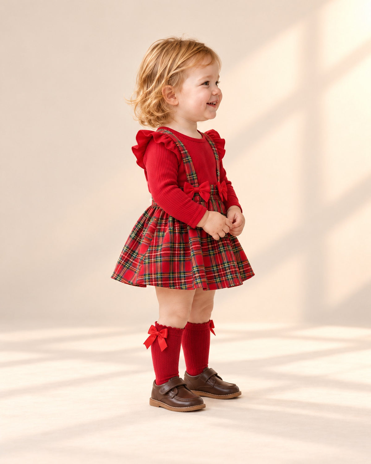 Side view showing the big satin bow and scalloped cuff – Red