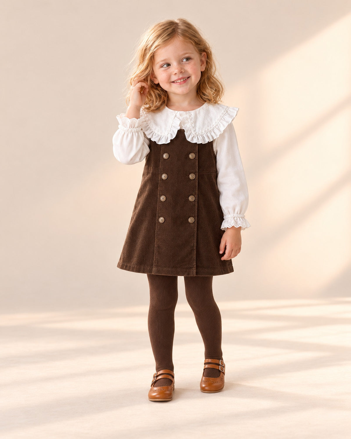 Front view of a girl in a chocolate corduroy pinafore, white ruffle blouse, brown tights and cognac shoes, full length – Chocolate