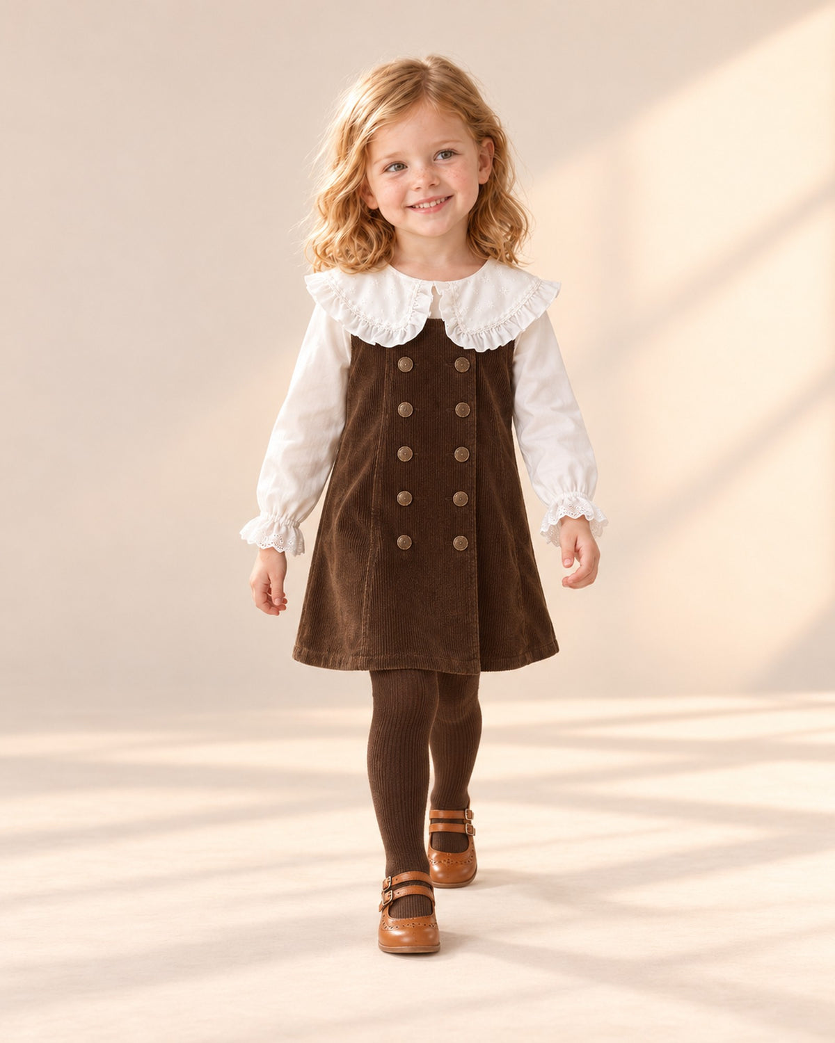 Girl sitting on the floor in her corduroy pinafore and chocolate tights – Chocolate