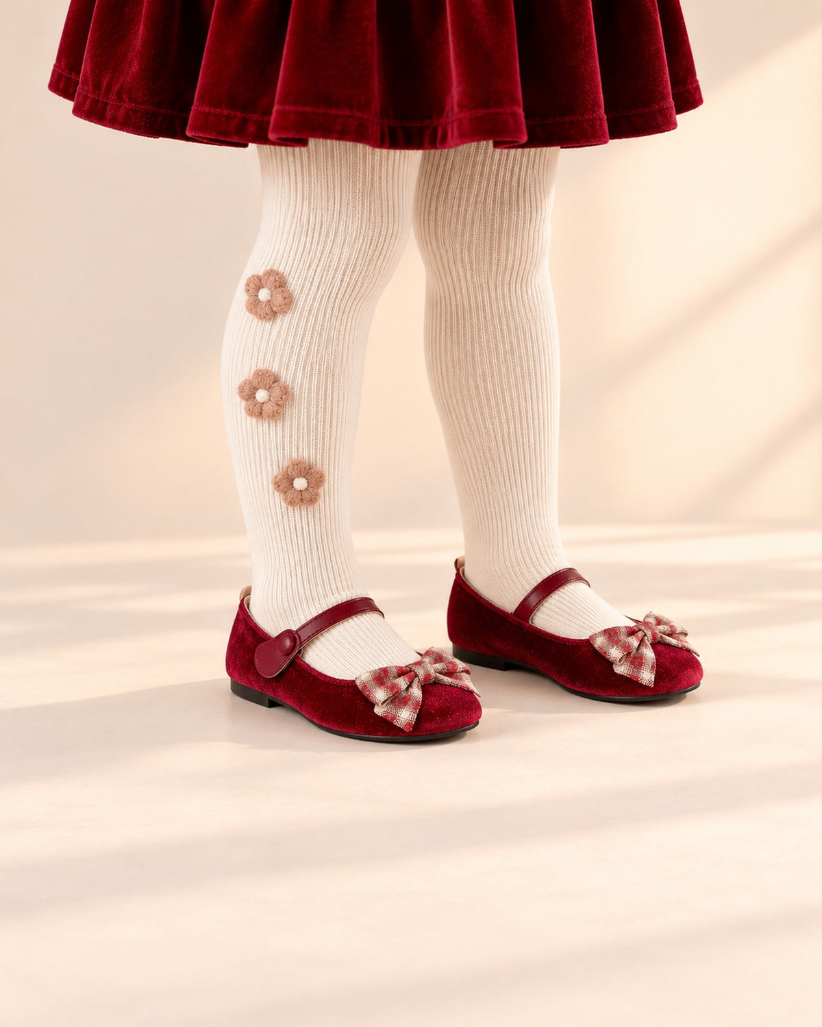 Close-up of a girl's legs from knee to floor in cream tights with knitted flowers and red velvet flats – Cream