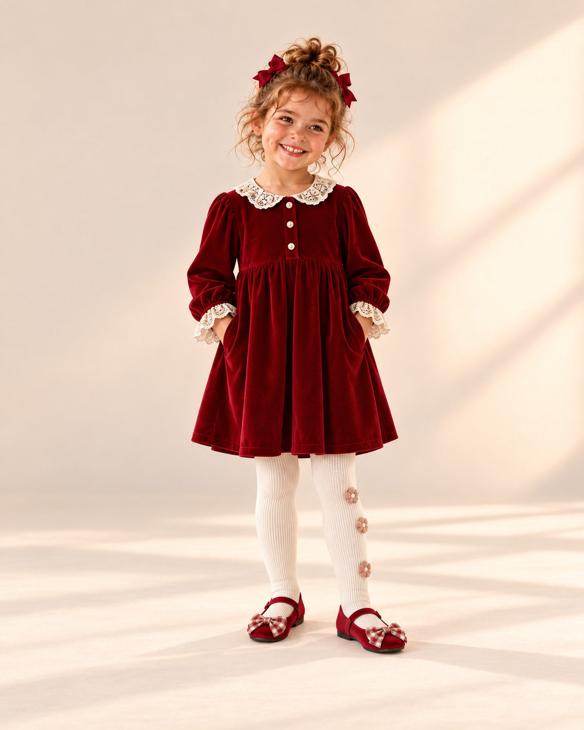 Front view of a girl in a red velvet dress with lace collar, cream flower tights and red bow flats, full length – Cream