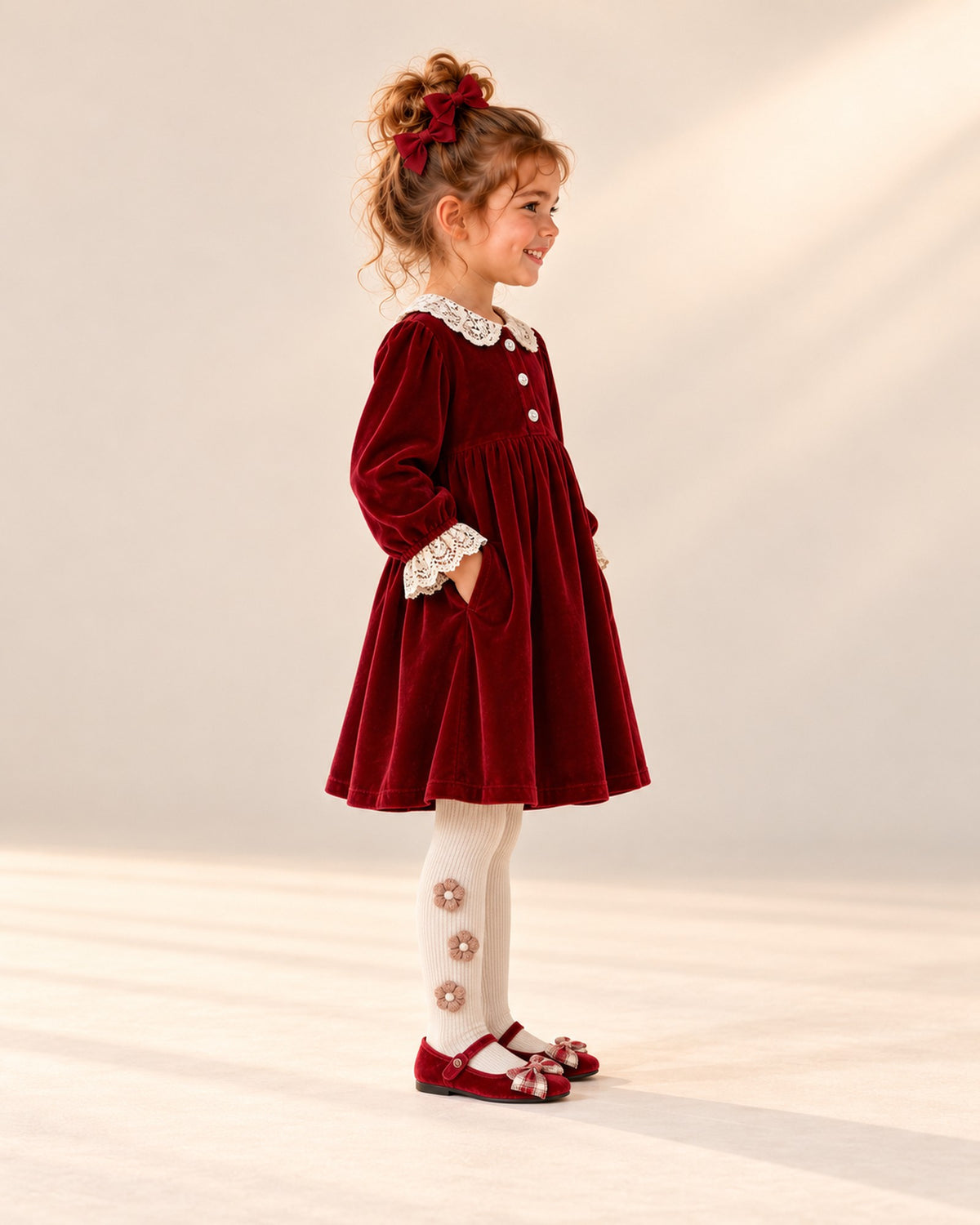 Side view showing the three small knitted flowers on the cream tights – Cream