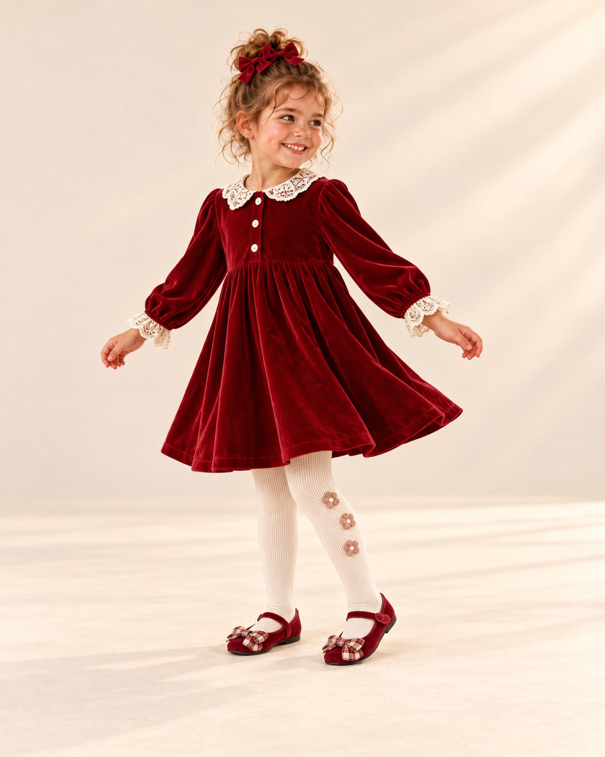 Girl in her red velvet holiday outfit and cream flower tights, sitting by the tree – Cream