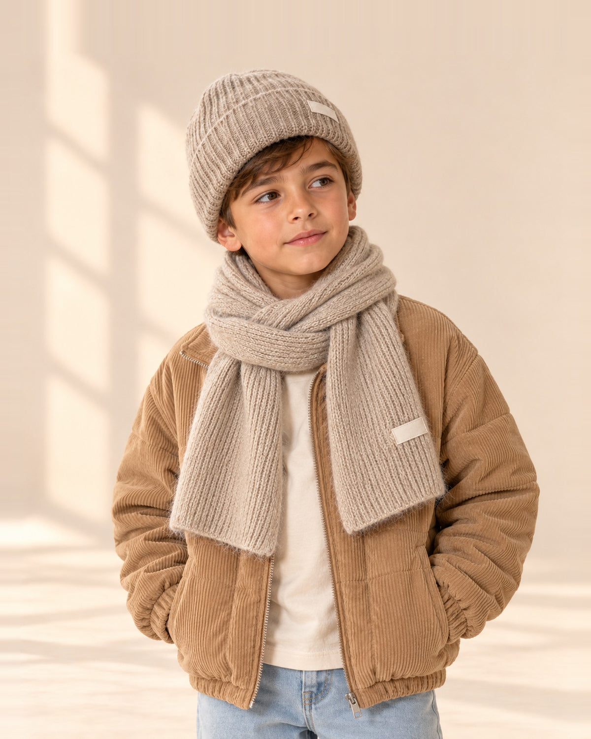 Close-up of a boy's head and shoulders in an oatmeal knit beanie and matching scarf – Oatmeal