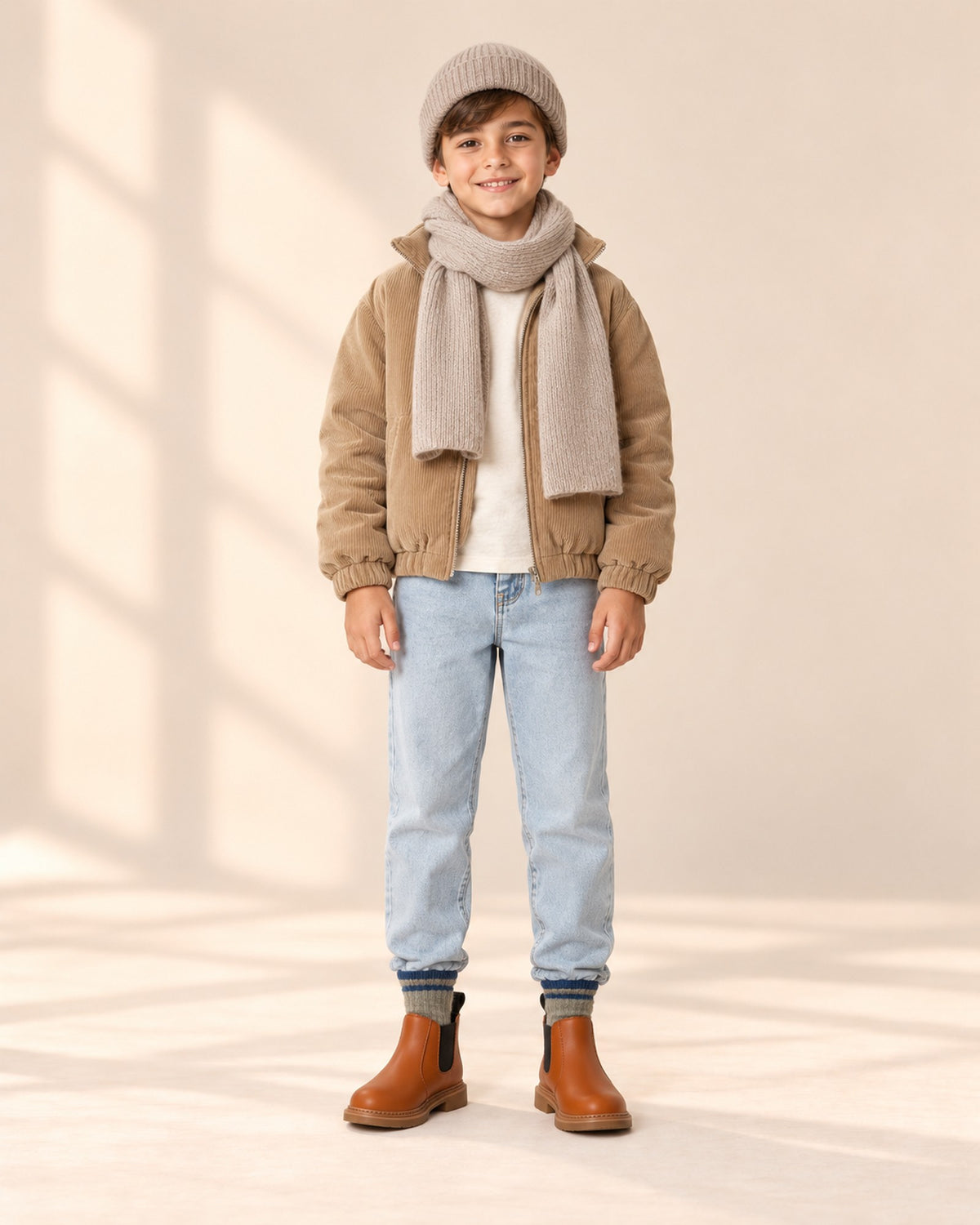 Front view of a boy in an oatmeal beanie and scarf, camel corduroy jacket, jeans and cognac boots, full length – Oatmeal