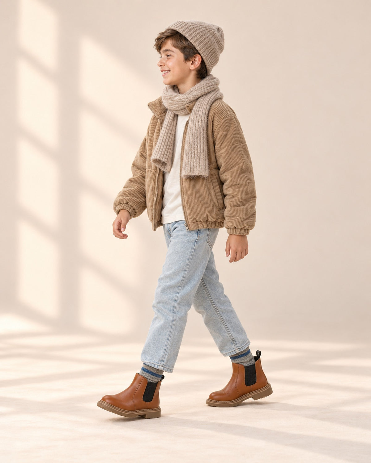 Side view showing the rib knit beanie and the scarf wrapped around the neck – Oatmeal