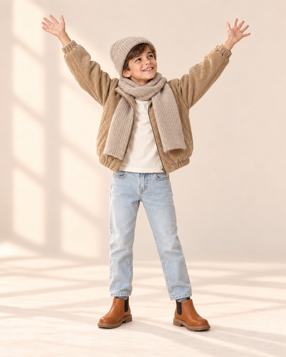 Boy walking through leaves in his camel jacket and oatmeal hat and scarf – Oatmeal