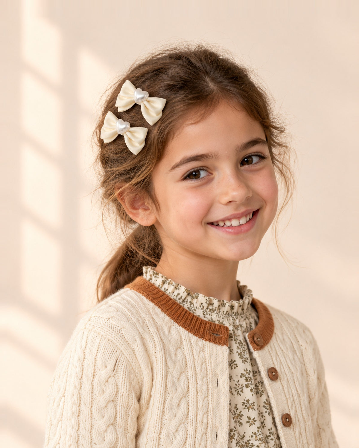 Close-up of a girl's head and shoulders with cream satin bow clips with pearl-look hearts in her hair – Cream