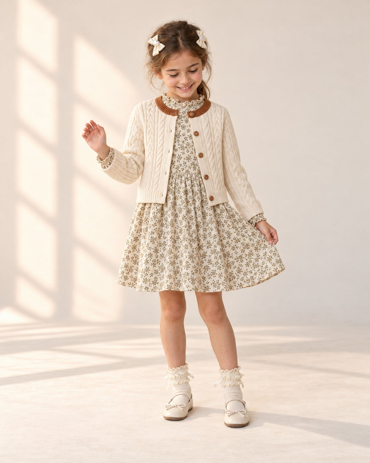Front view of a girl in a vintage floral dress, cream cable cardigan, lace bow socks and cream flats with cream bow clips, full length – Cream
