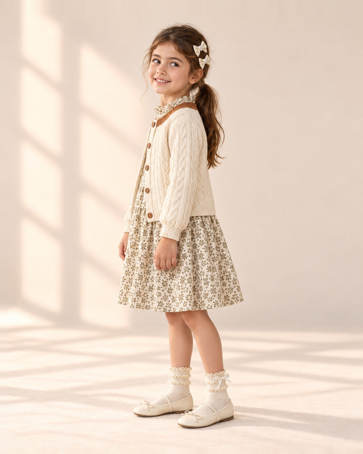 Side view showing a cream satin bow clip with pearl-look heart – Cream