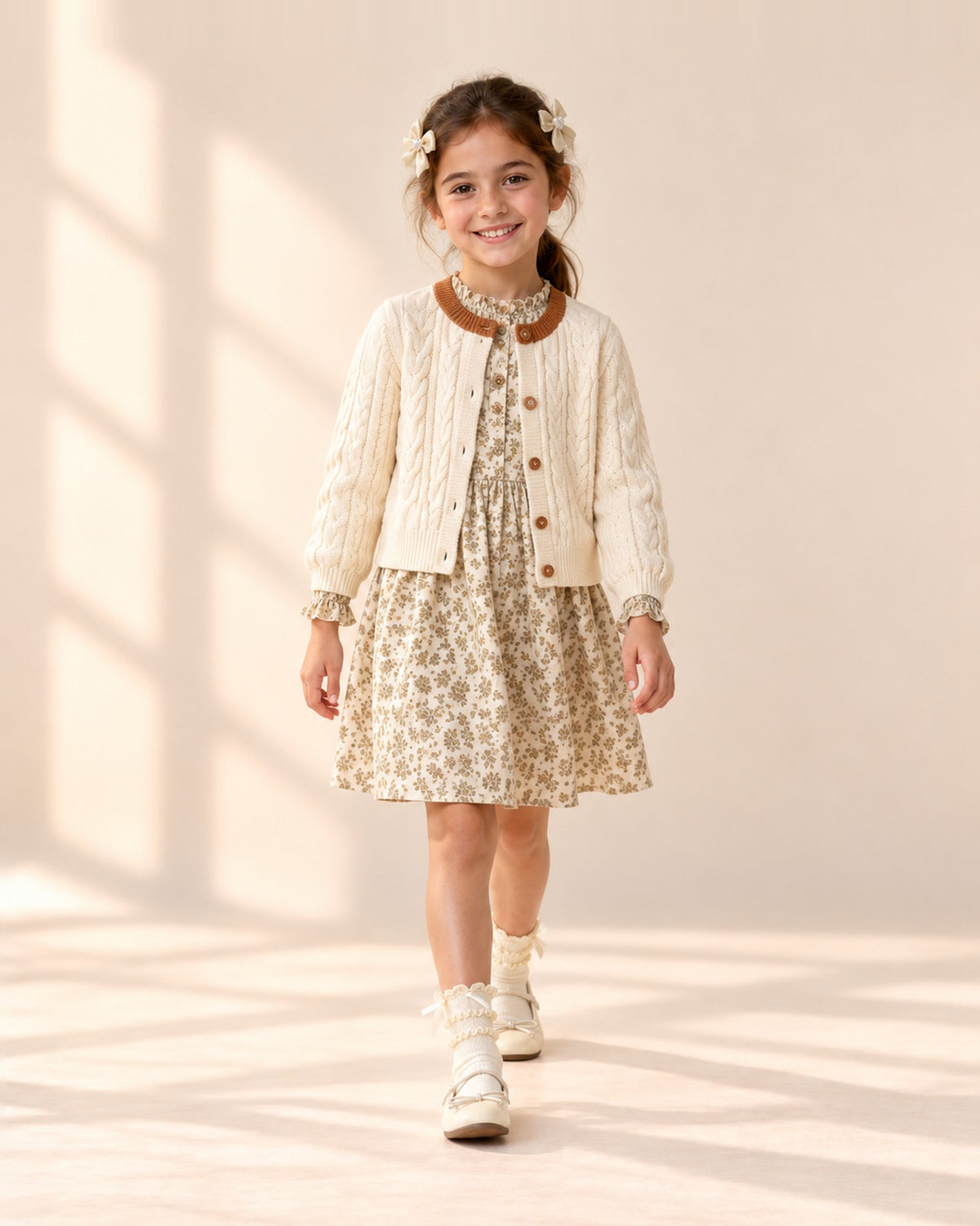 Girl smiling in her floral dress with cream bow clips in her hair – Cream
