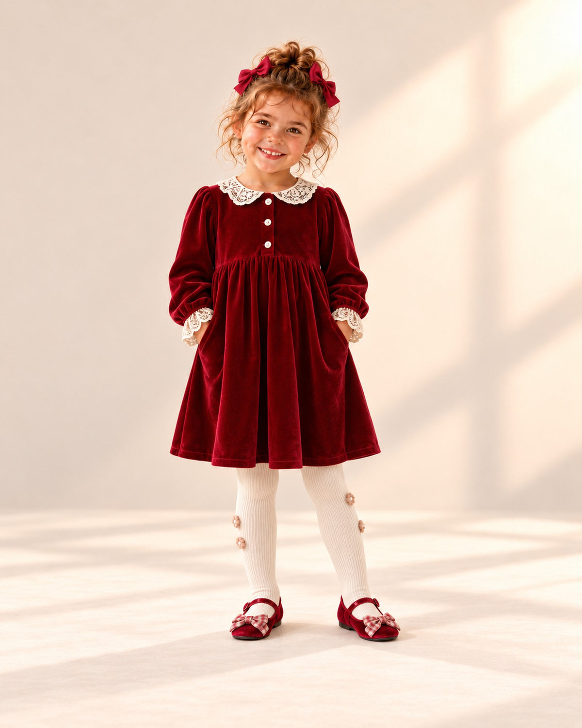 Front view of a girl in a red velvet dress with lace collar, cream flower tights, red velvet flats and red bow clips, full length – Red