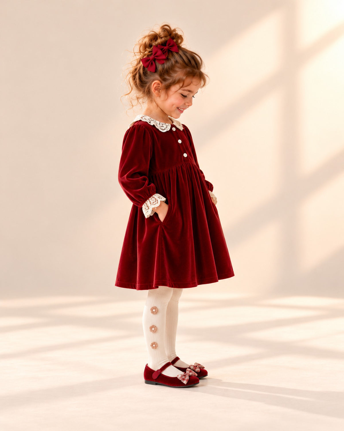 Side view showing a red bow clip on a pigtail – Red