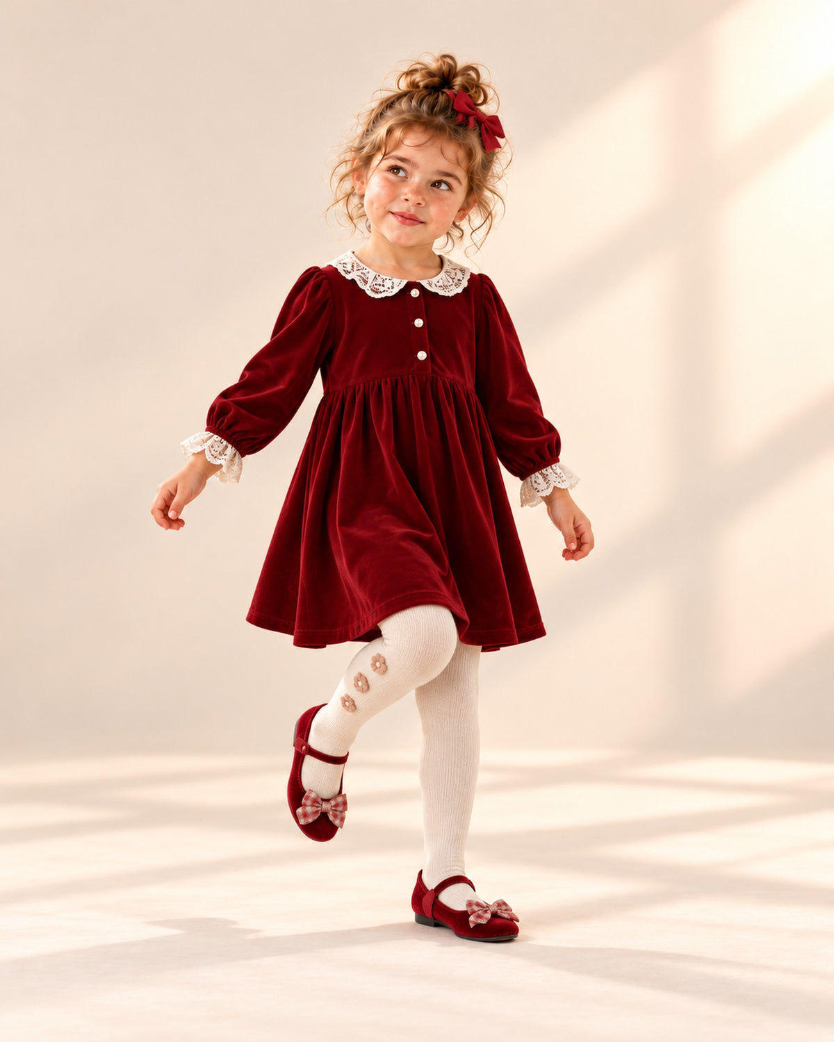 Girl in her red velvet outfit with red bows, looking at the Christmas tree – Red