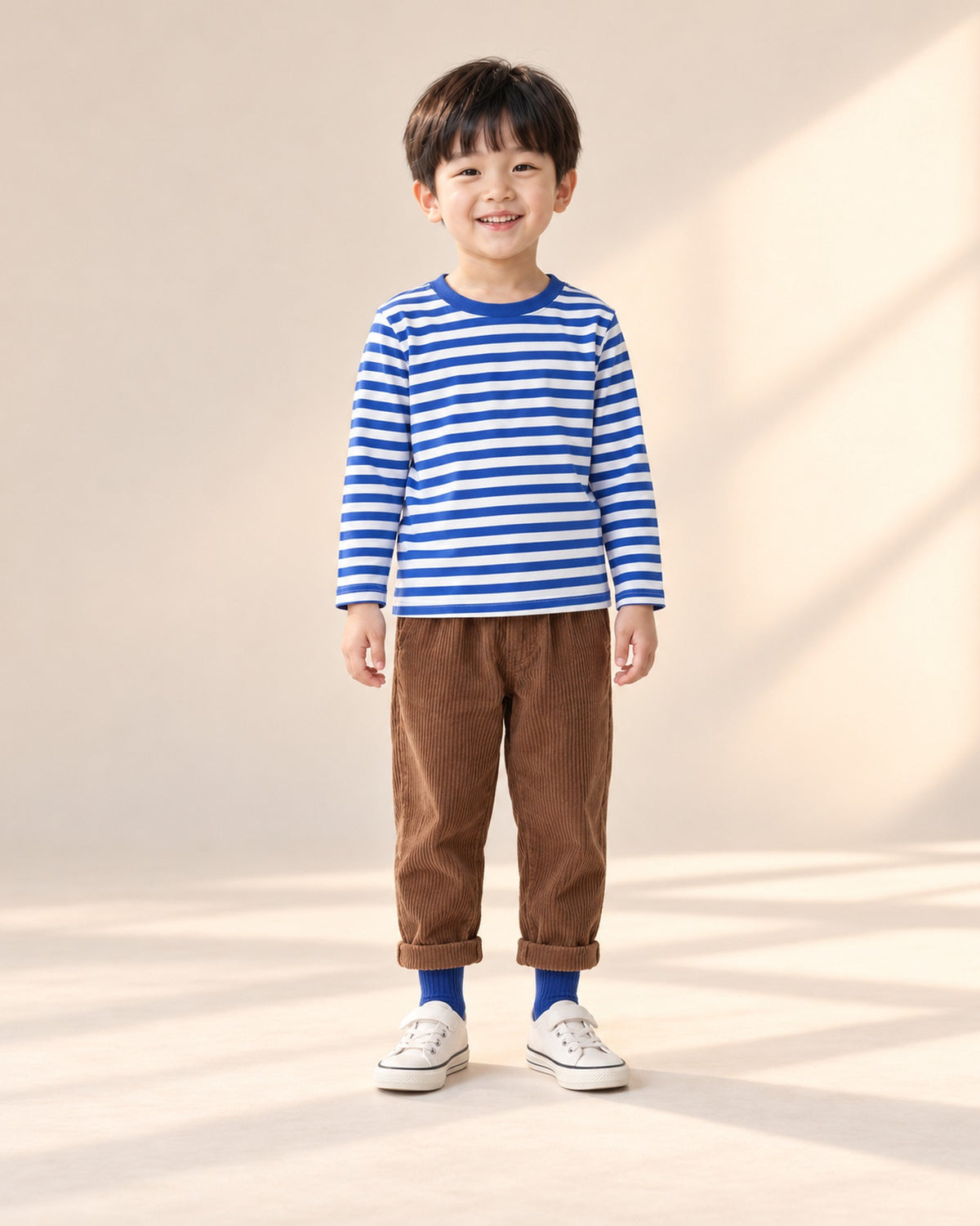 Front view of a boy in a Breton stripe tee, brown corduroy pants, crew socks and white sneakers, full length – Dark Mix