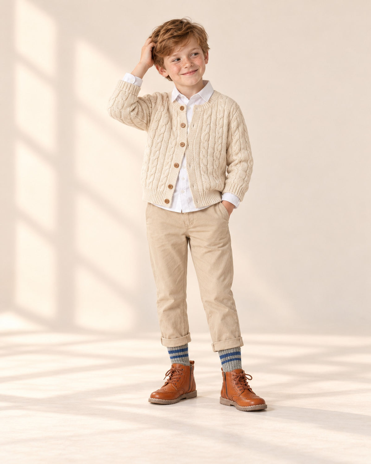 Front view of a boy in a cream cable cardigan, white collared shirt, khaki chinos and cognac boots, full length – Grey Heather