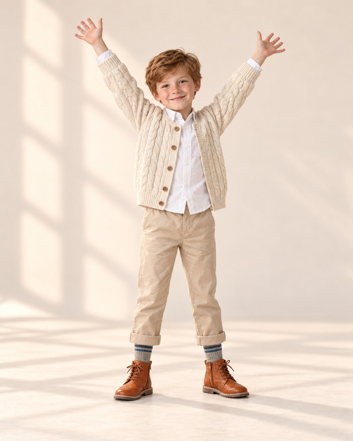 Boy sitting on a bench lacing his boots, grey heather socks showing – Grey Heather