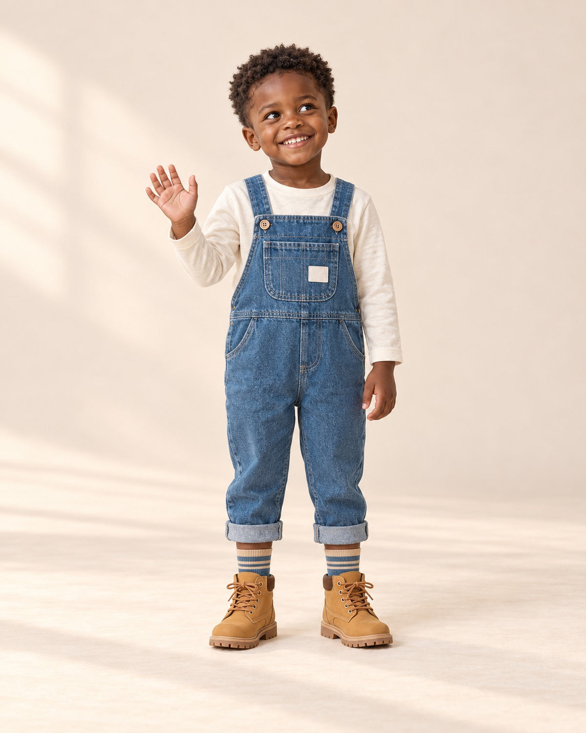 Front view of a boy in denim overalls, a cream long sleeve tee, striped socks and wheat boots, full length – Blue & Beige Mix