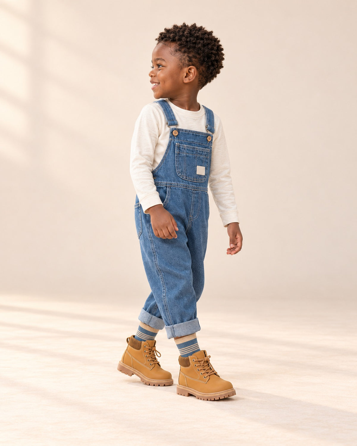 Side view showing the three stripes on the ankle socks above the boots – Blue & Beige Mix