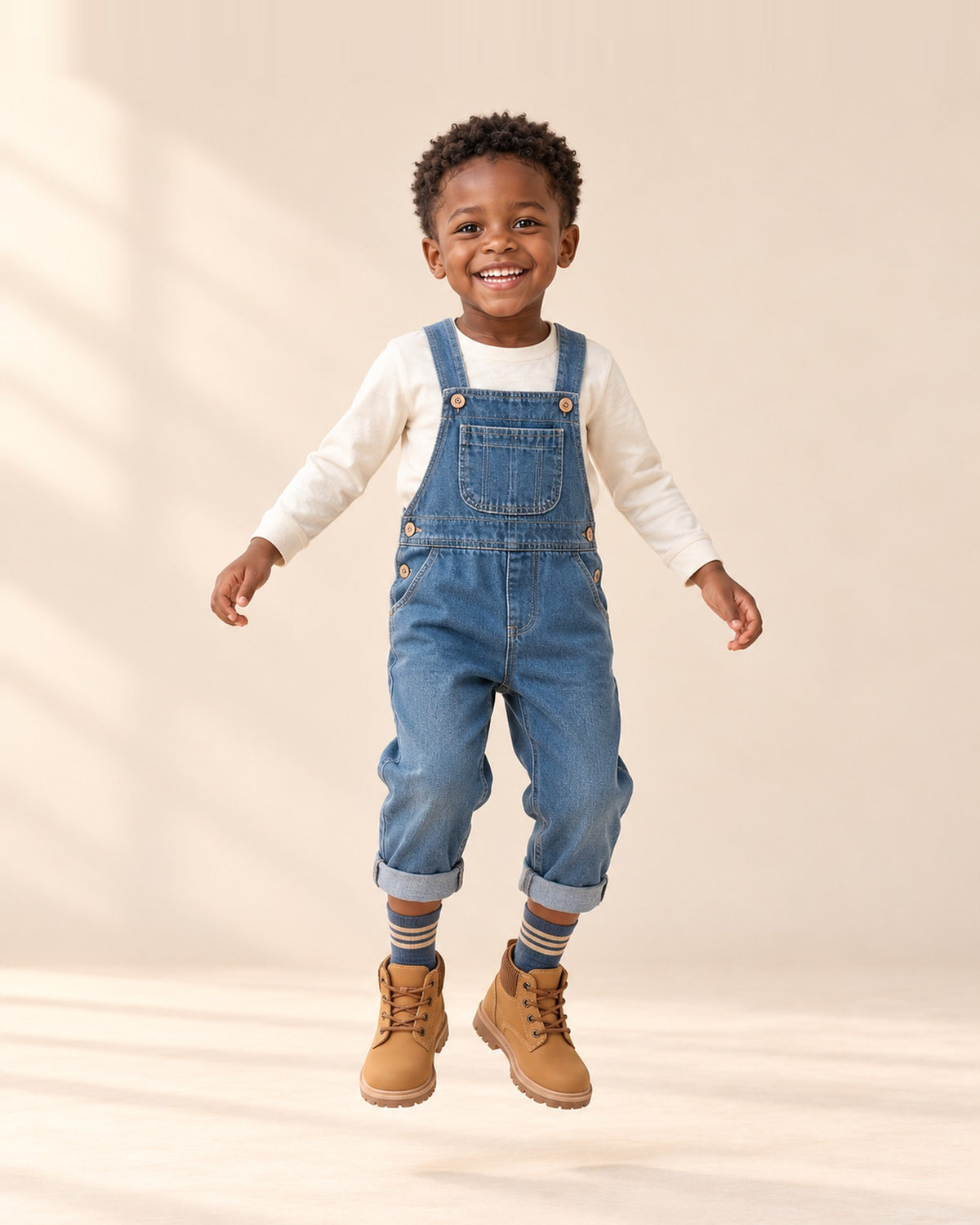 Boy climbing a low wall in denim overalls and striped ankle socks – Blue & Beige Mix