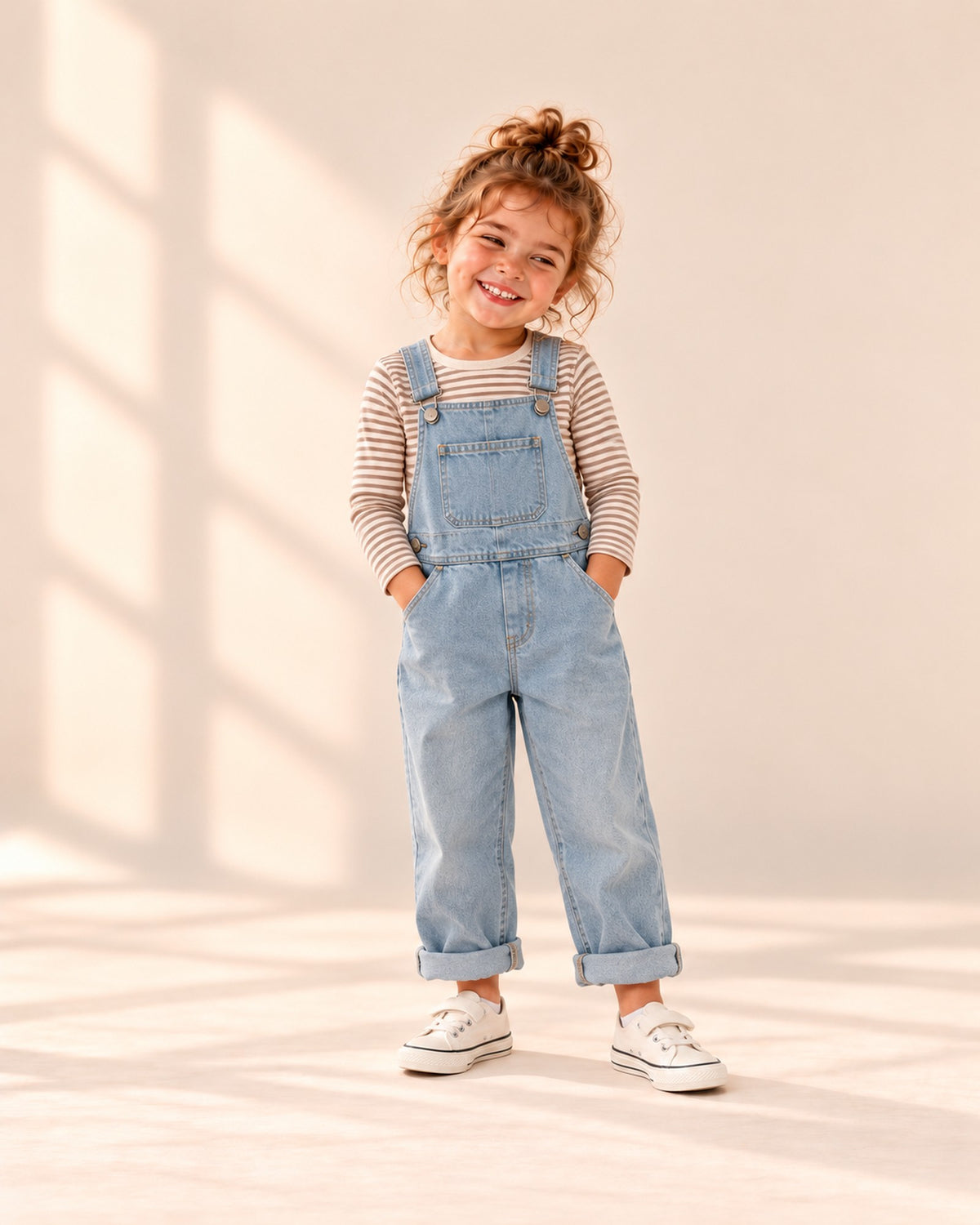 Front view of a girl in denim overalls with a striped top and white sneakers, full length – White, Grey & Black