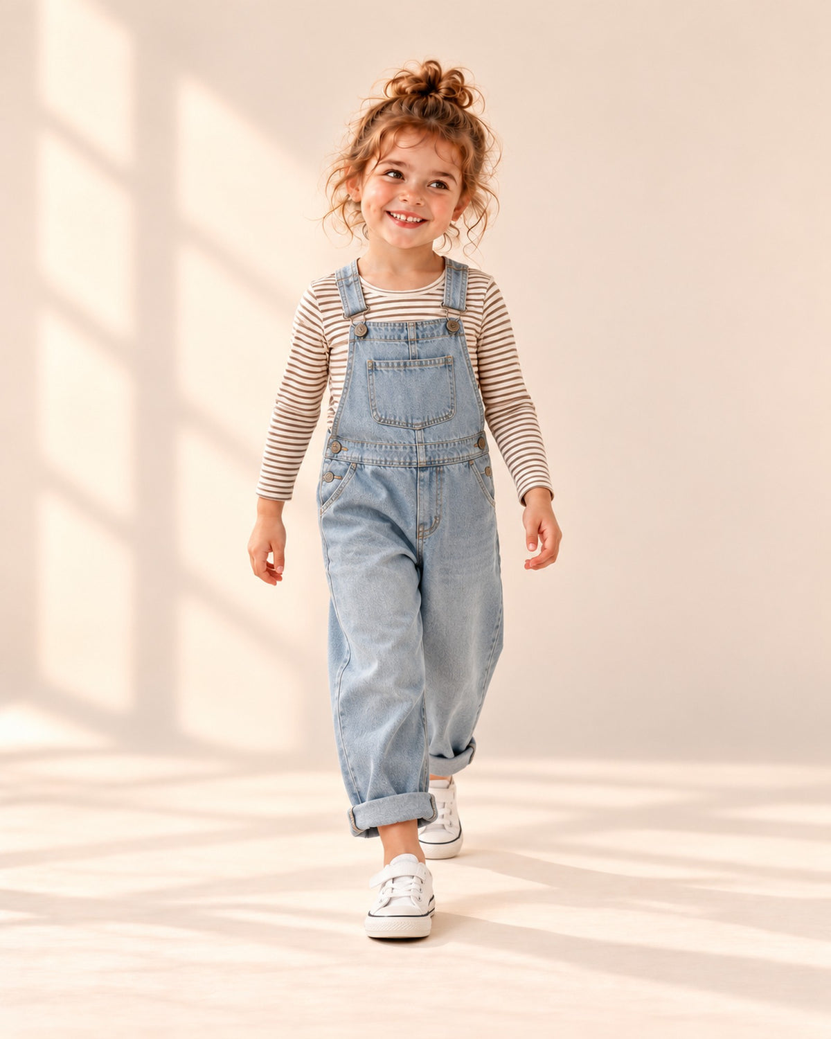 Girl walking in denim overalls, a striped top and white sneakers – White, Grey & Black