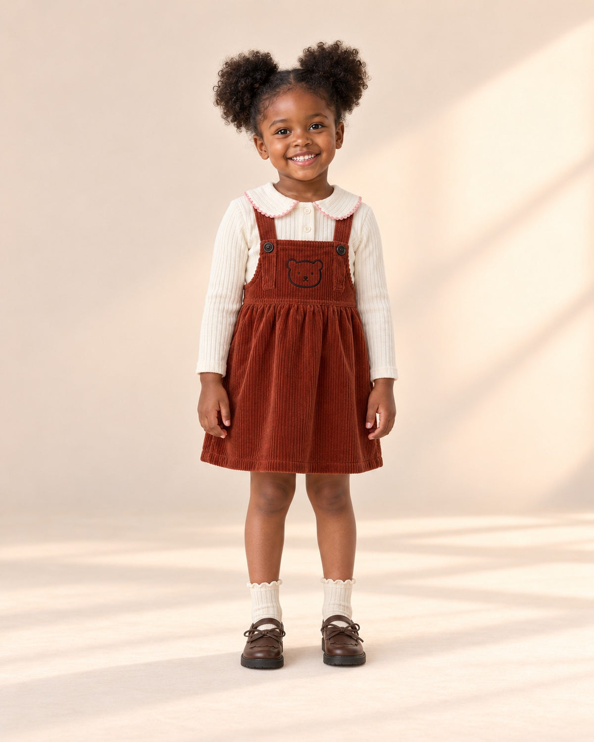 Front view of a girl in a rust corduroy pinafore, cream ruffle collar top, frill socks and brown loafers, full length – Cream