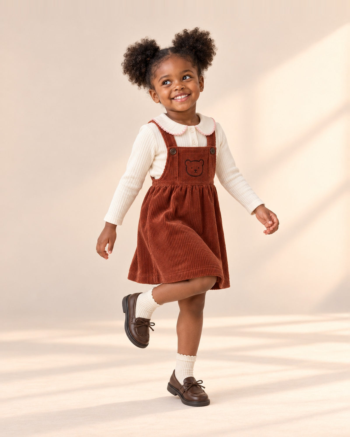 Girl sitting cross-legged in her rust pinafore and cream frill socks – Cream