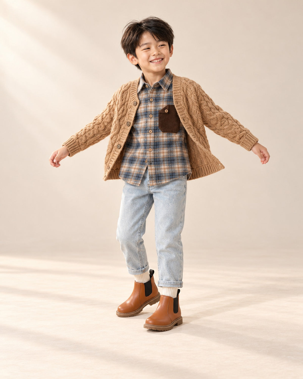 Boy leaning on a fence in his plaid shirt and camel cardigan, cream socks showing – Cream