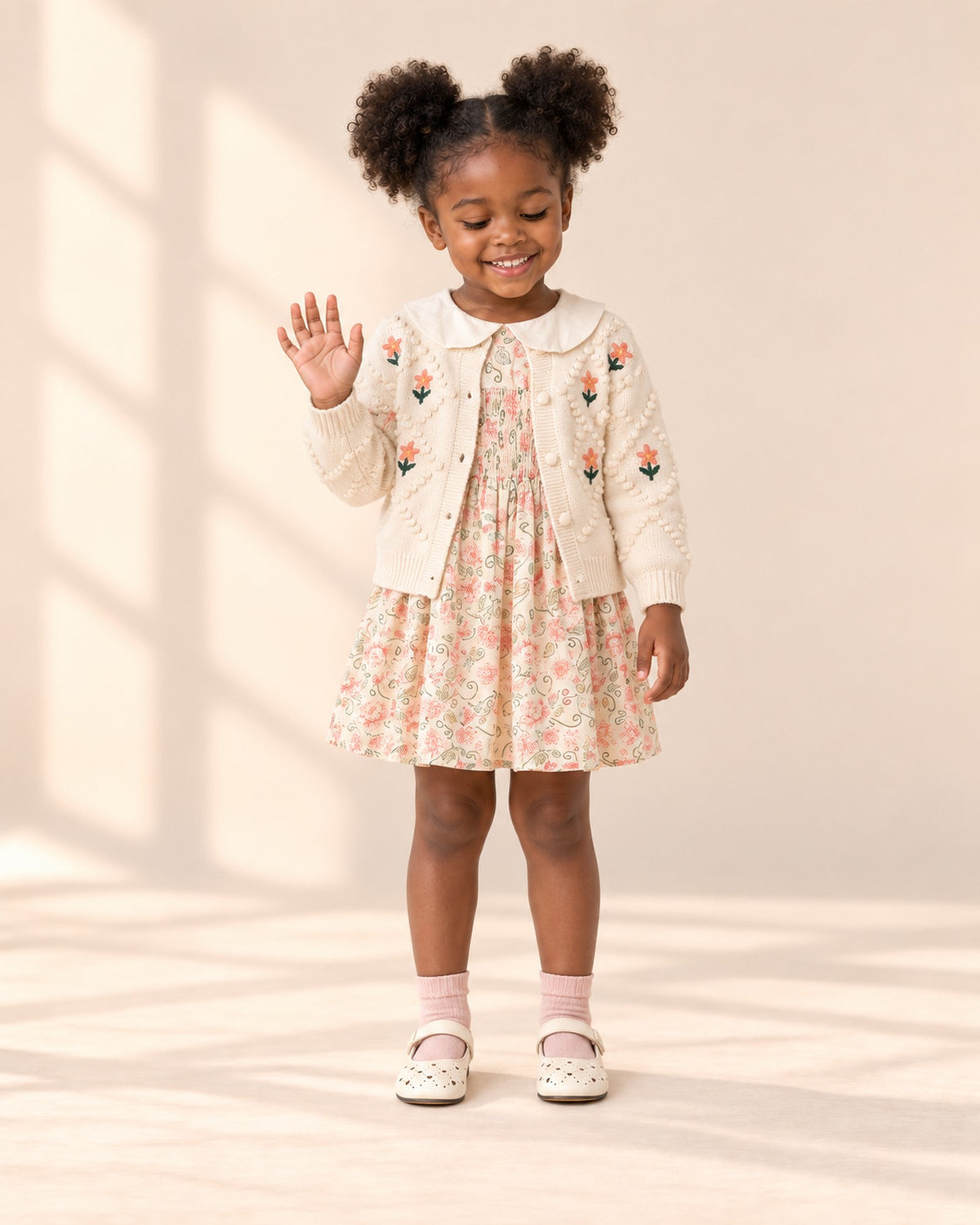 Full-length front view of a girl wearing soft pink ankle socks with a pink floral smock dress, cream flower cardigan and cream Mary Janes – Soft Pink