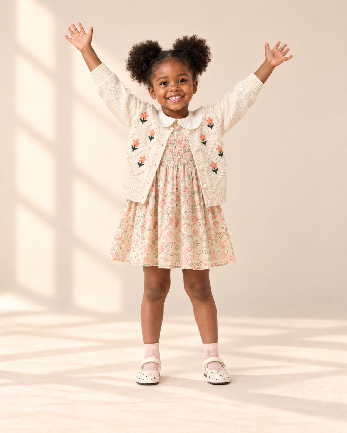 Girl in her floral dress, cream cardigan and soft pink ankle socks – Soft Pink