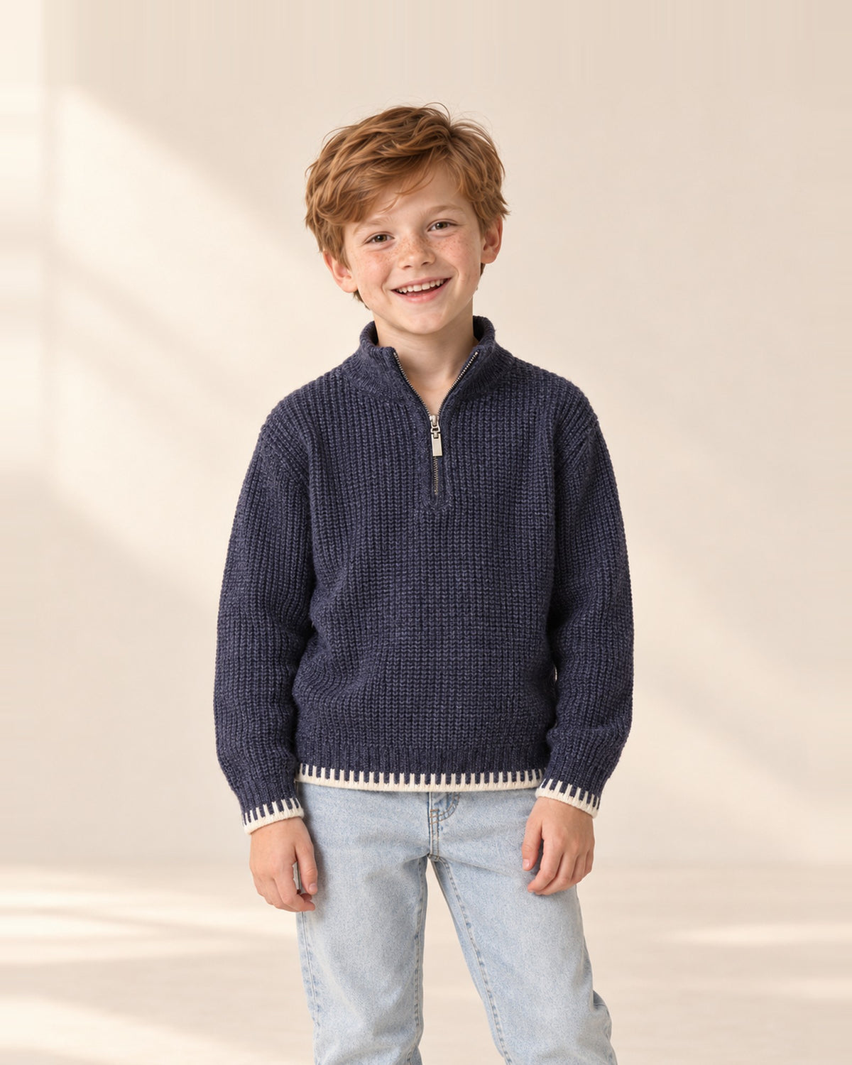 Close-up of the navy half-zip knit sweater with stand collar, metal zip and cream tipping at the cuffs – Navy