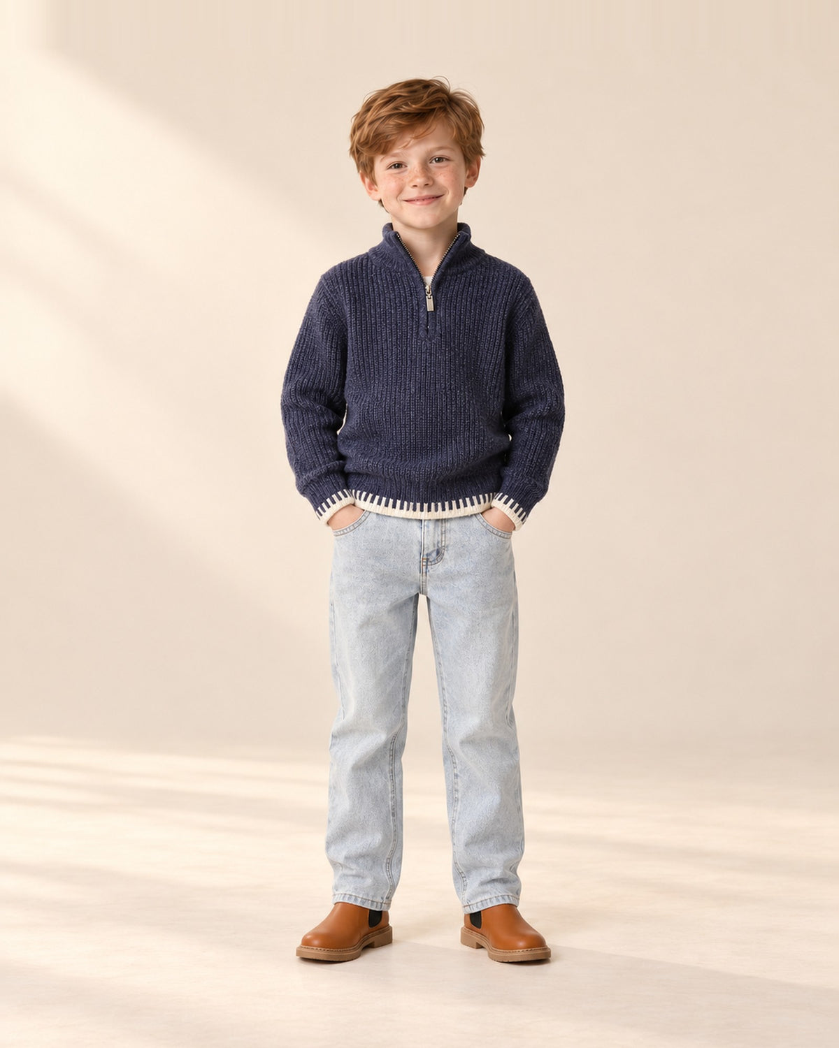 Front view of a boy in the navy half-zip sweater, light wash straight jeans and cognac Chelsea boots, full length – Navy