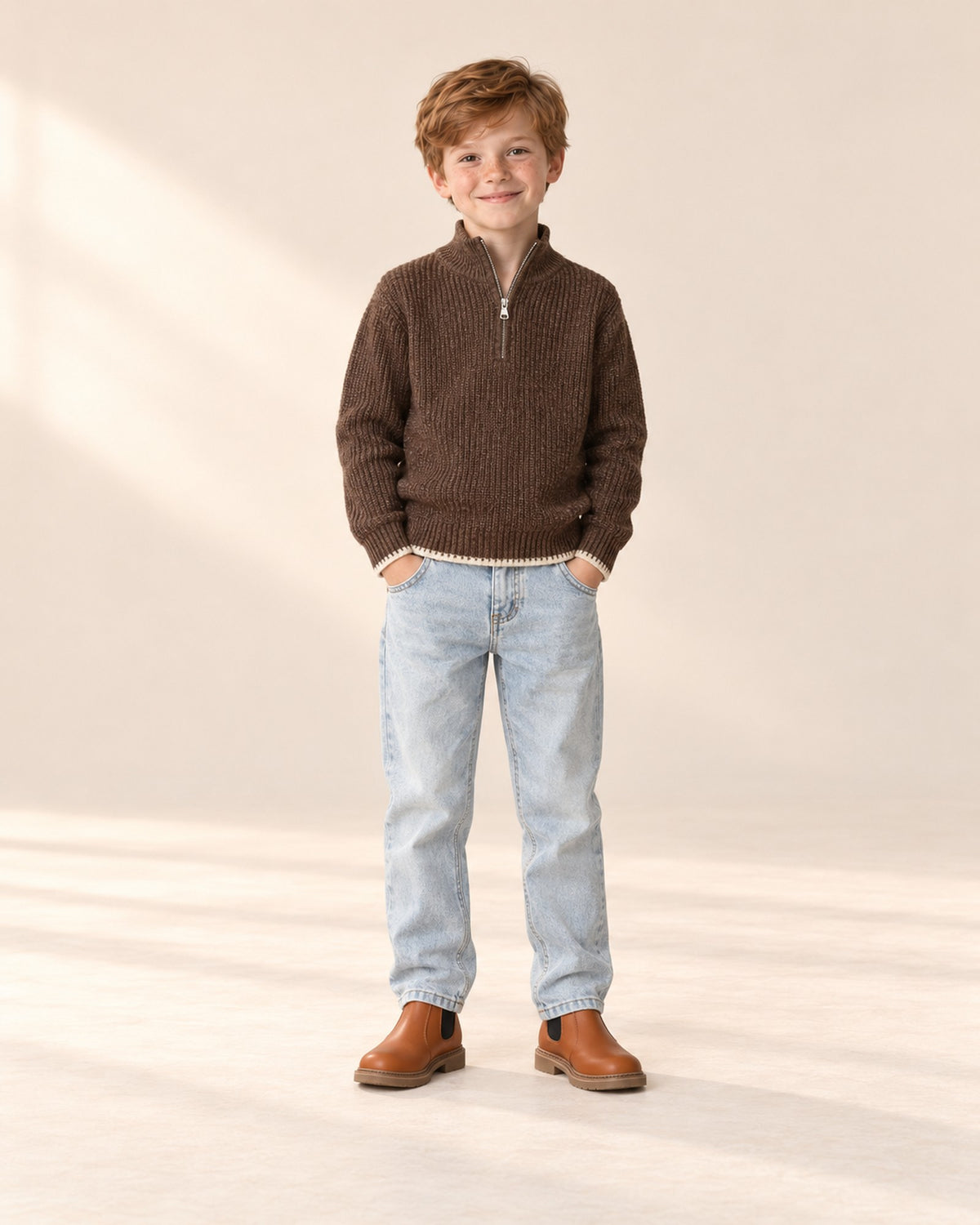 Harrison Jacquard Half-Zip Sweater in Brown – full front view