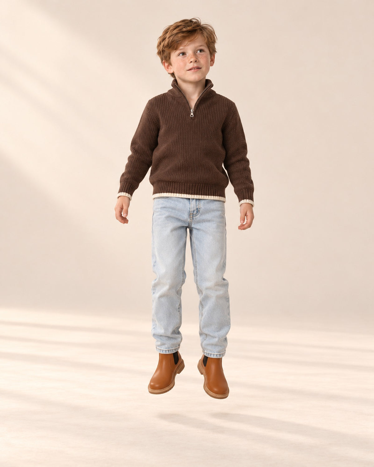 Harrison Jacquard Half-Zip Sweater in Brown – natural pose