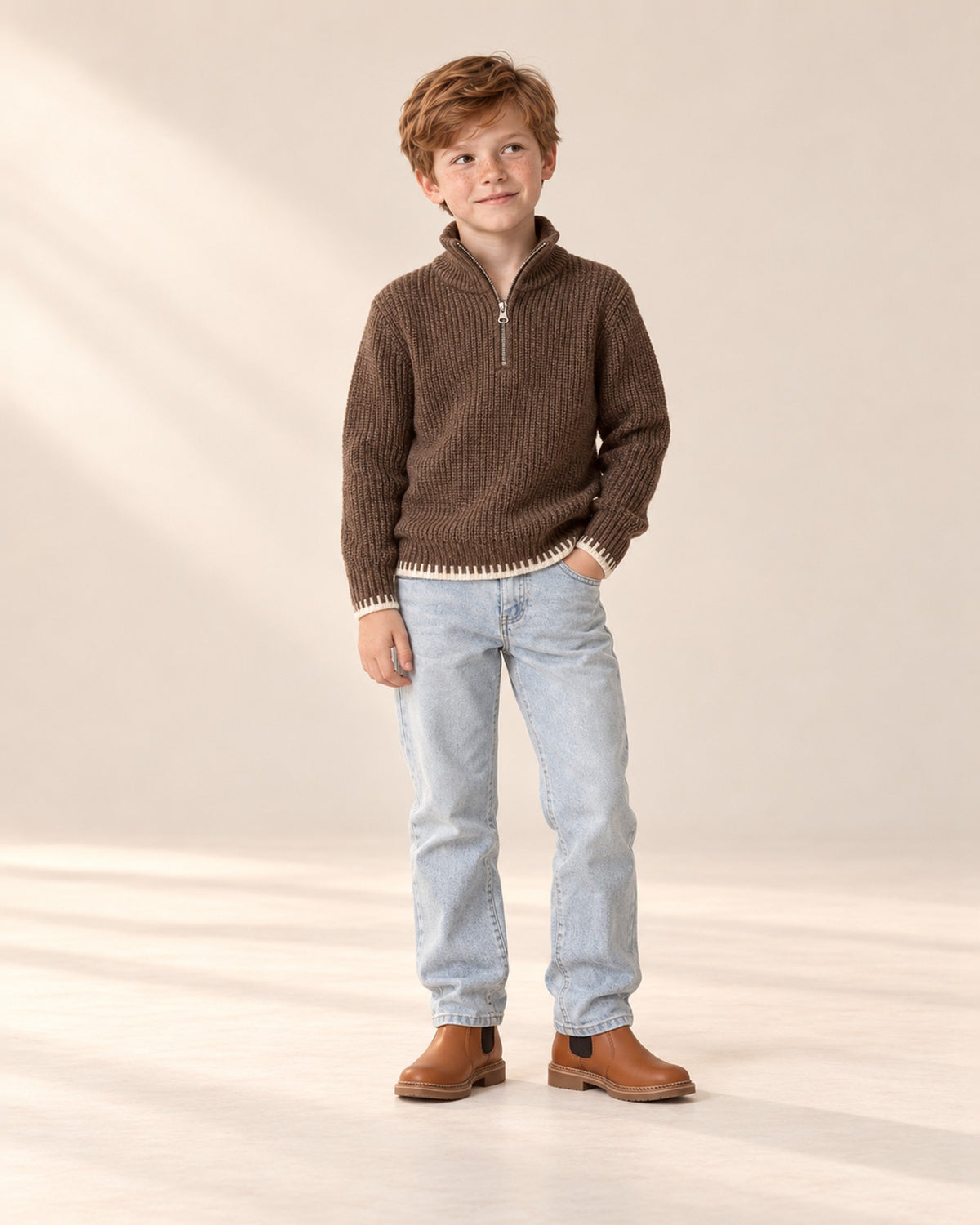Harrison Jacquard Half-Zip Sweater in Brown – natural pose